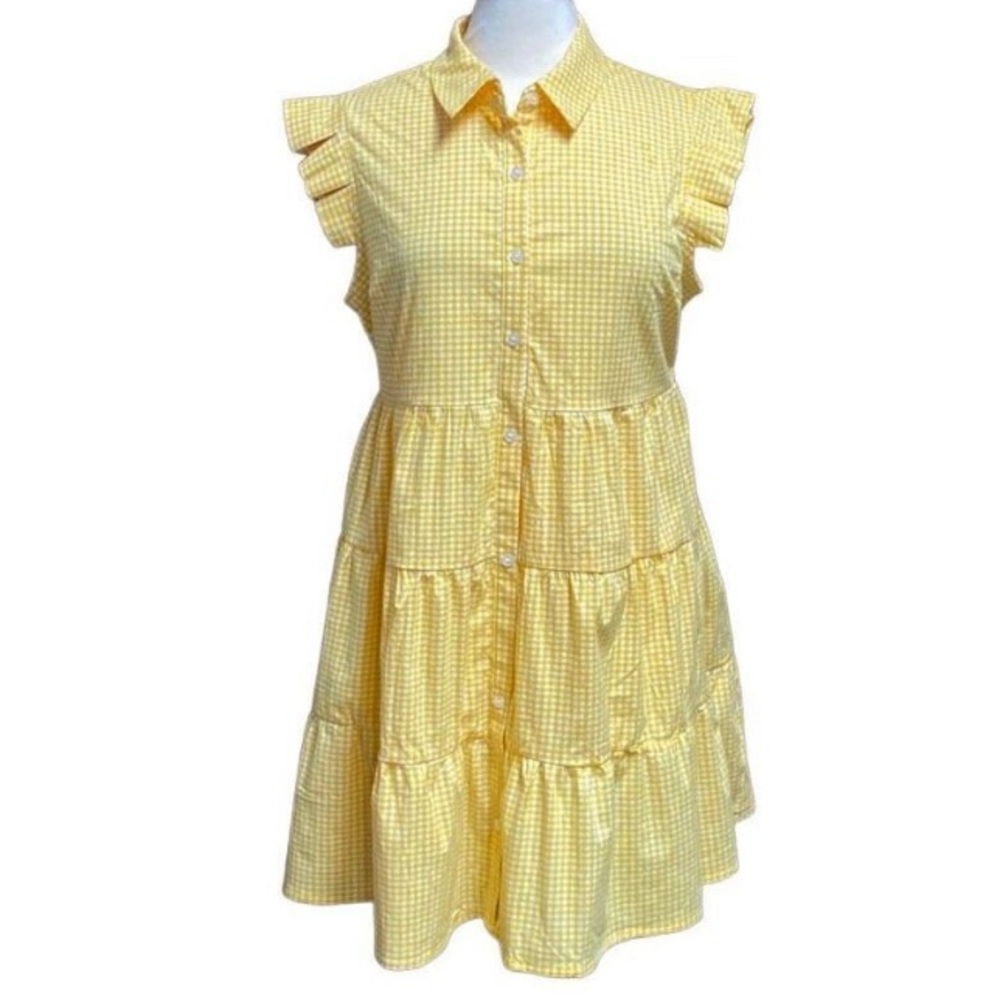 Yellow Gingham Button Down-Flutter Sleeve Dress for Women Size Small